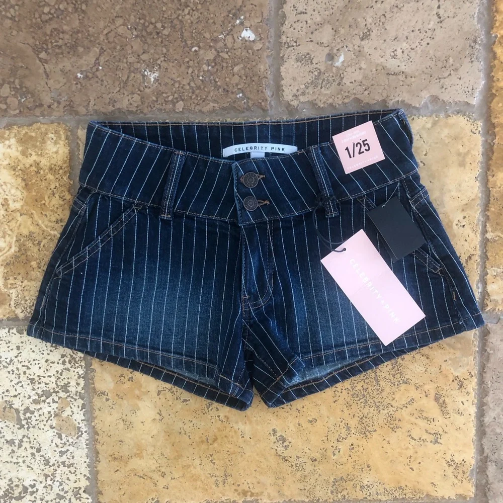 CELEBRITY PINK - NWT DARK BLUE PINSTRIPE DENIM SHORTS + WOMENS SIZE 1/25